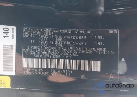 2015 Toyota Sienna Le 7 Passenger z USA, uszkodzony, nr VIN 5TDJK3DC7FS123403